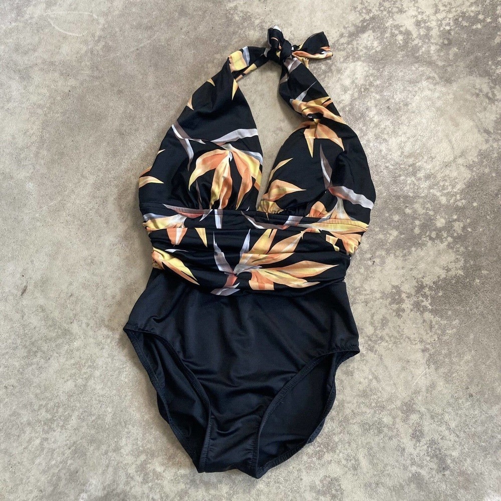 Majic Suit Swimwear Womens 10 One Piece Floral Black‎ Multicolor Halter Top